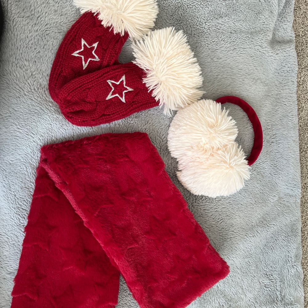 American Girl Red and White Fuzzy Earmuffs, Gloves and Scarf